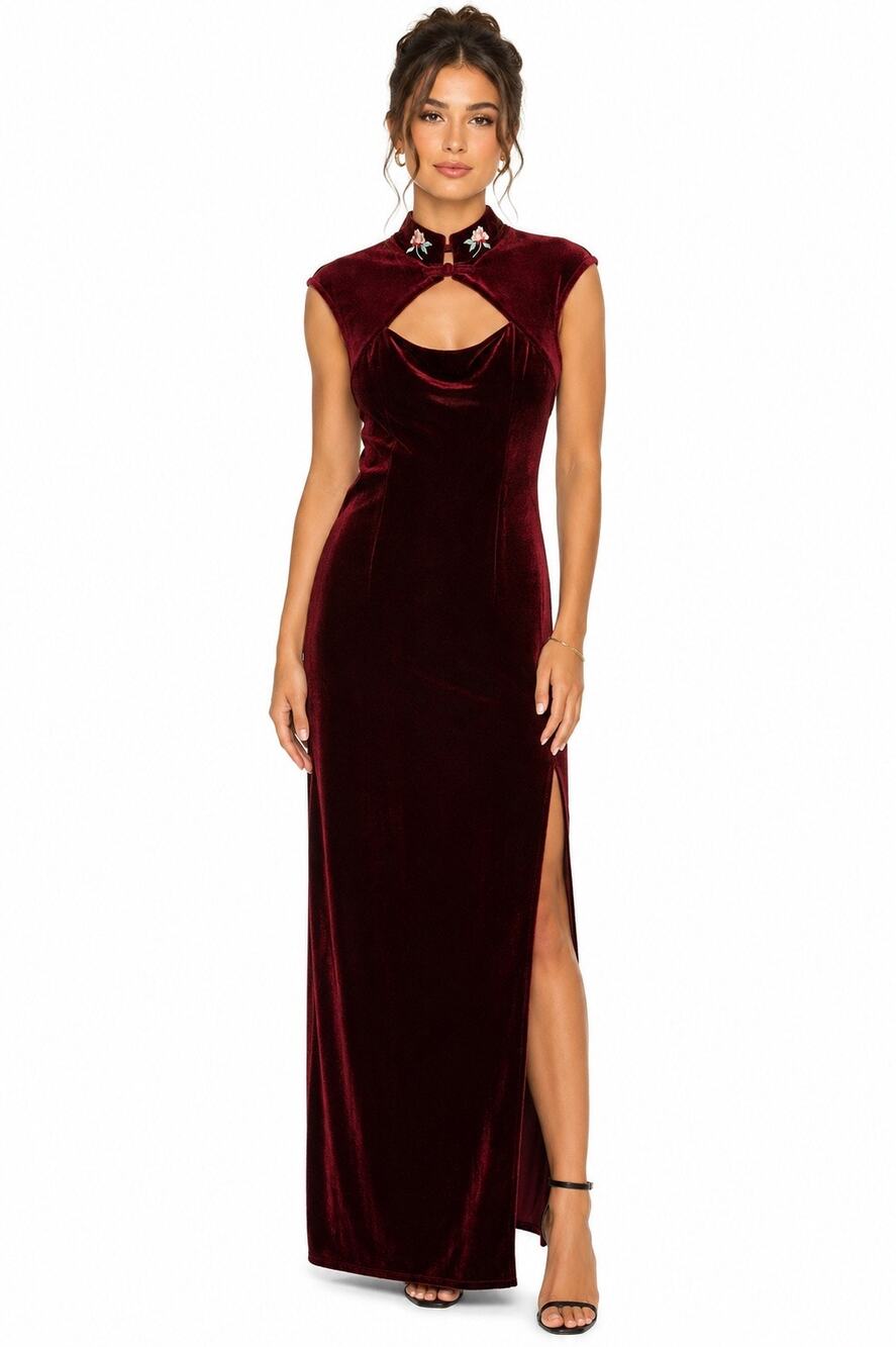 1990s Papell Boutique Evening Burgundy Velvet Asian Inspired Maxi Dress Size 8p